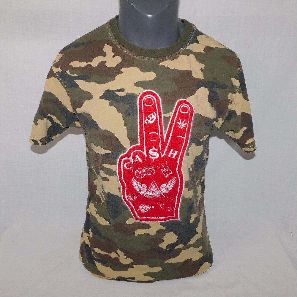 Bleecker & Mercer Mens M Green Camo Red Chenille Hand CASH Crew Neck T Shirt